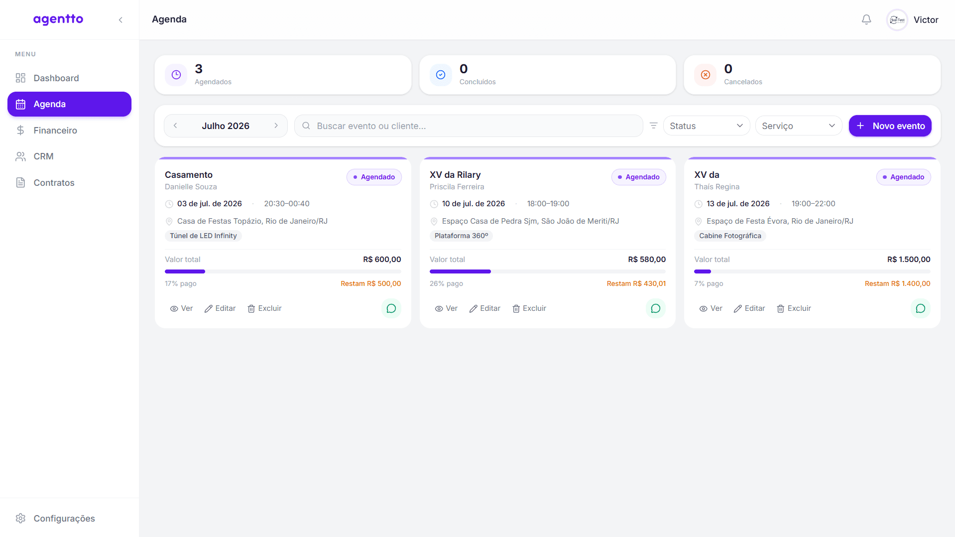 Screenshot do agentto — agenda de eventos com controle financeiro